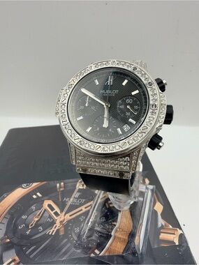 Hublot Men's Black Dial Chronograph Watch Full Iced Out Natural Diamond